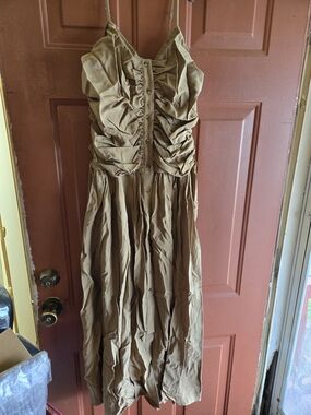 Ruched Button-Front Midi Dress in Tan